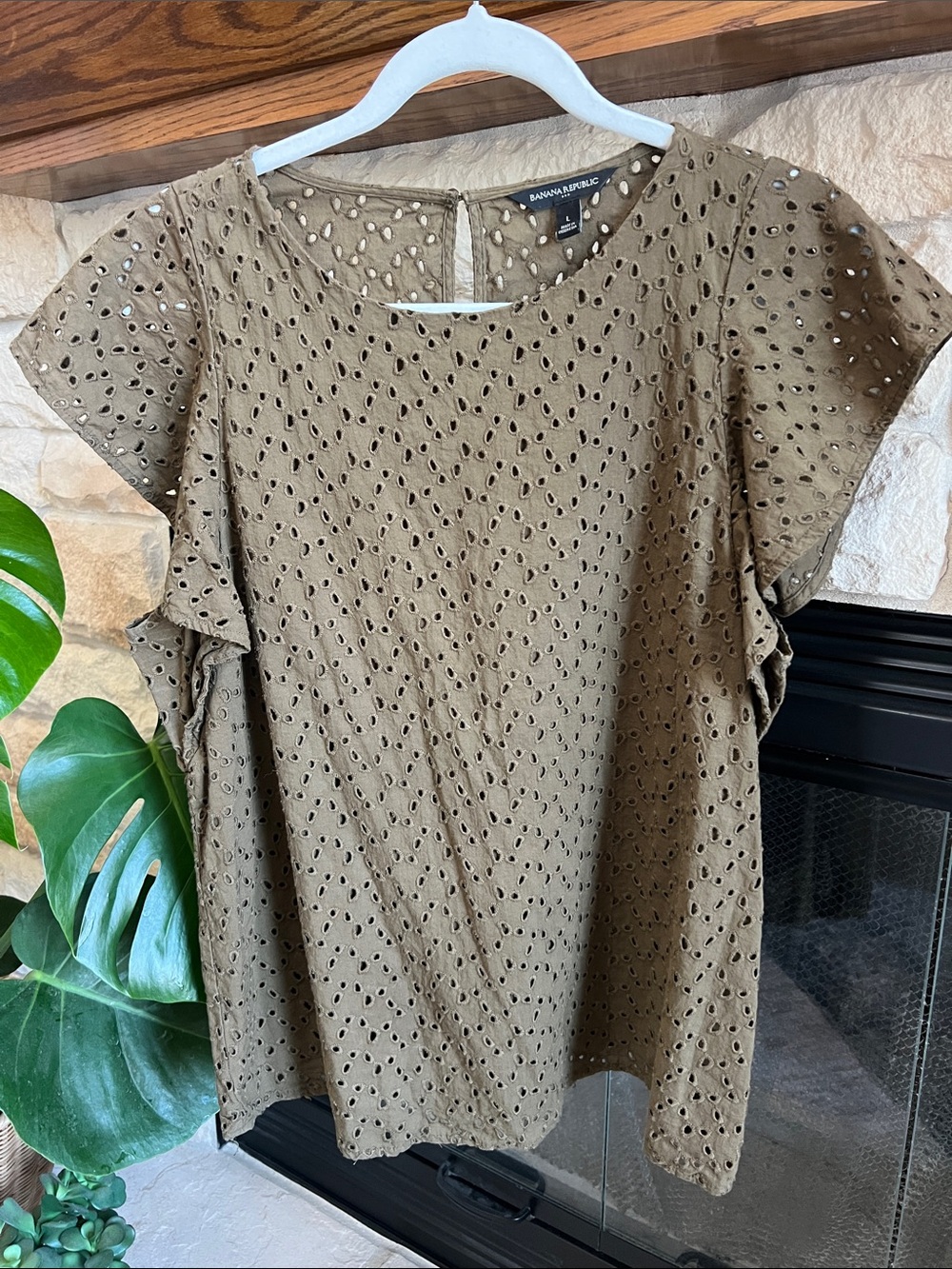 Banana Republic Olive Eyelet Flutter-Sleeve Blouse